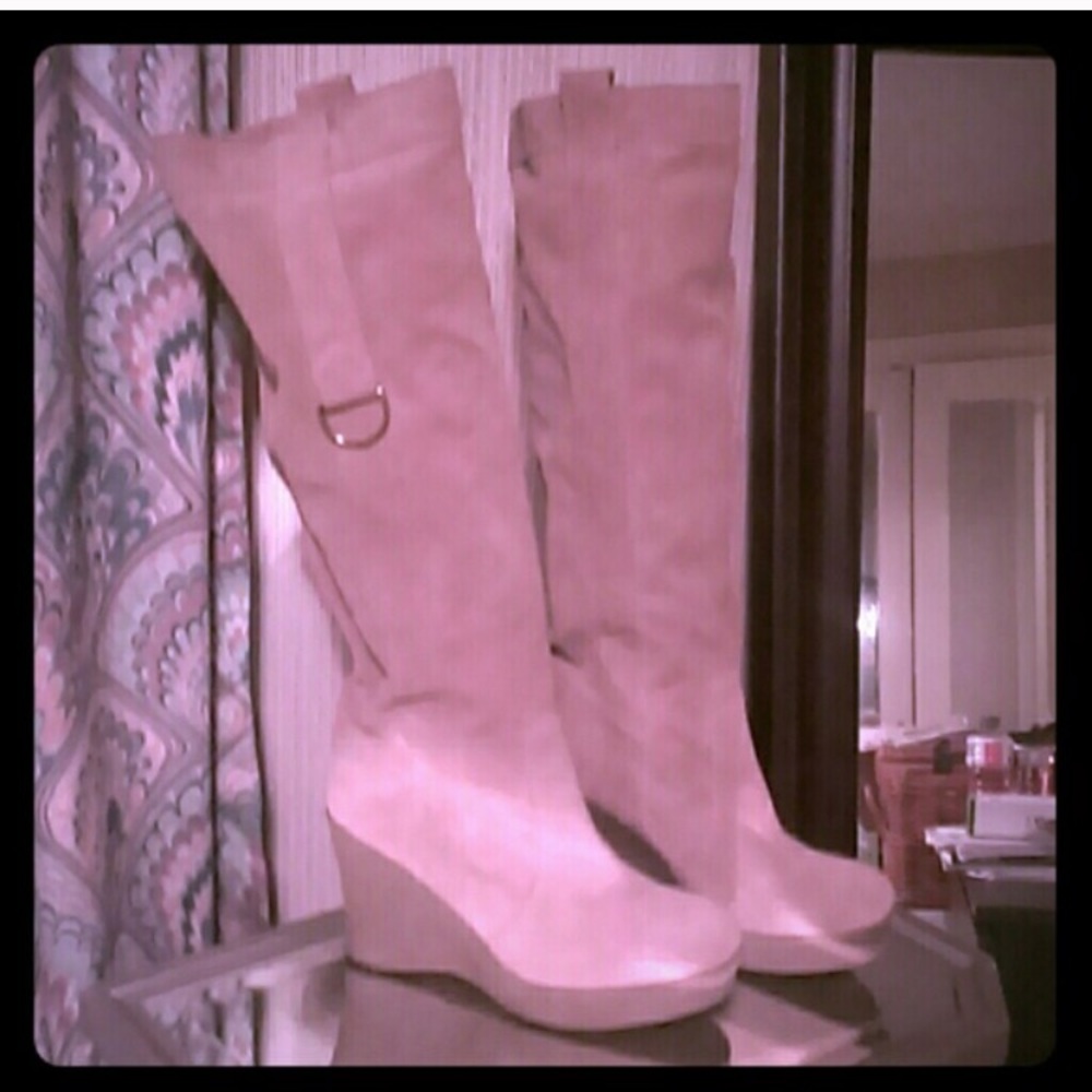 Beige suede knee high wedge boot